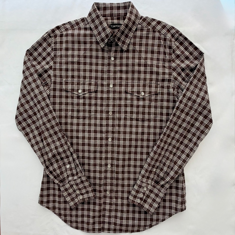 Tom Ford Men’s Western shirt w TF logo snap buttons Size: 41/16 (Brown /White)